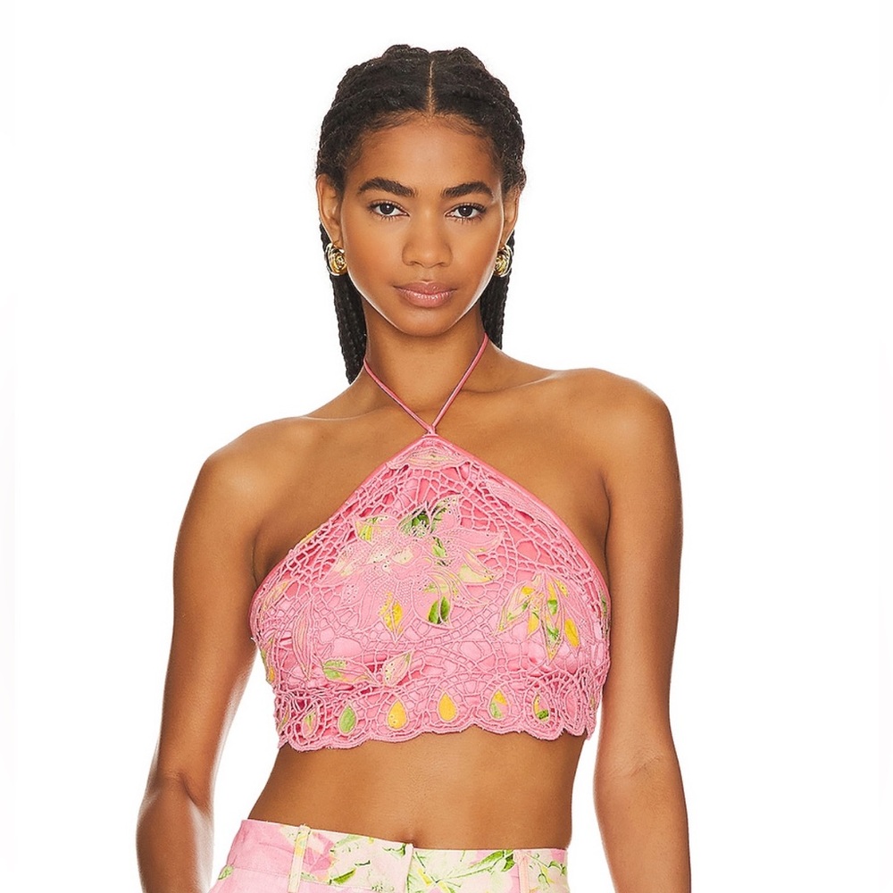 New Hemant and Nandita Pink Scalloped Eyelet Crop Top Halterneck Size Small NWT